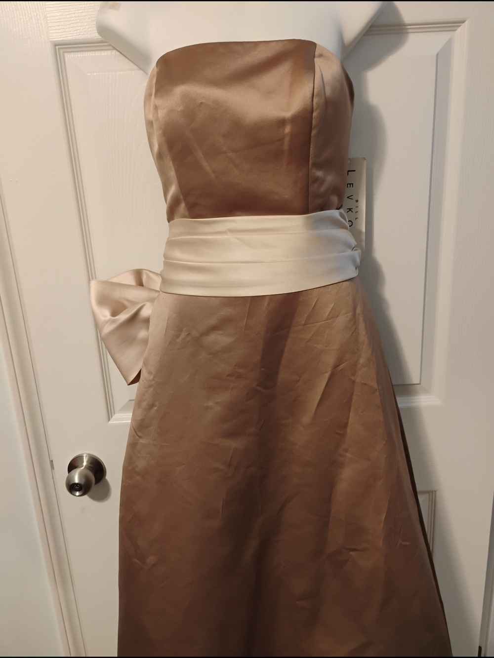 Bill Levkoff Strapless Taupe Satin Gown with Ivory Sash